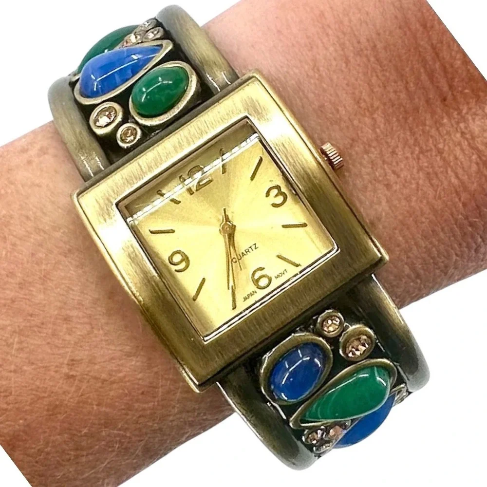 Vintage Womens Cuff Bracelet Watch Cabochon Gold Tone Square Face New Battery